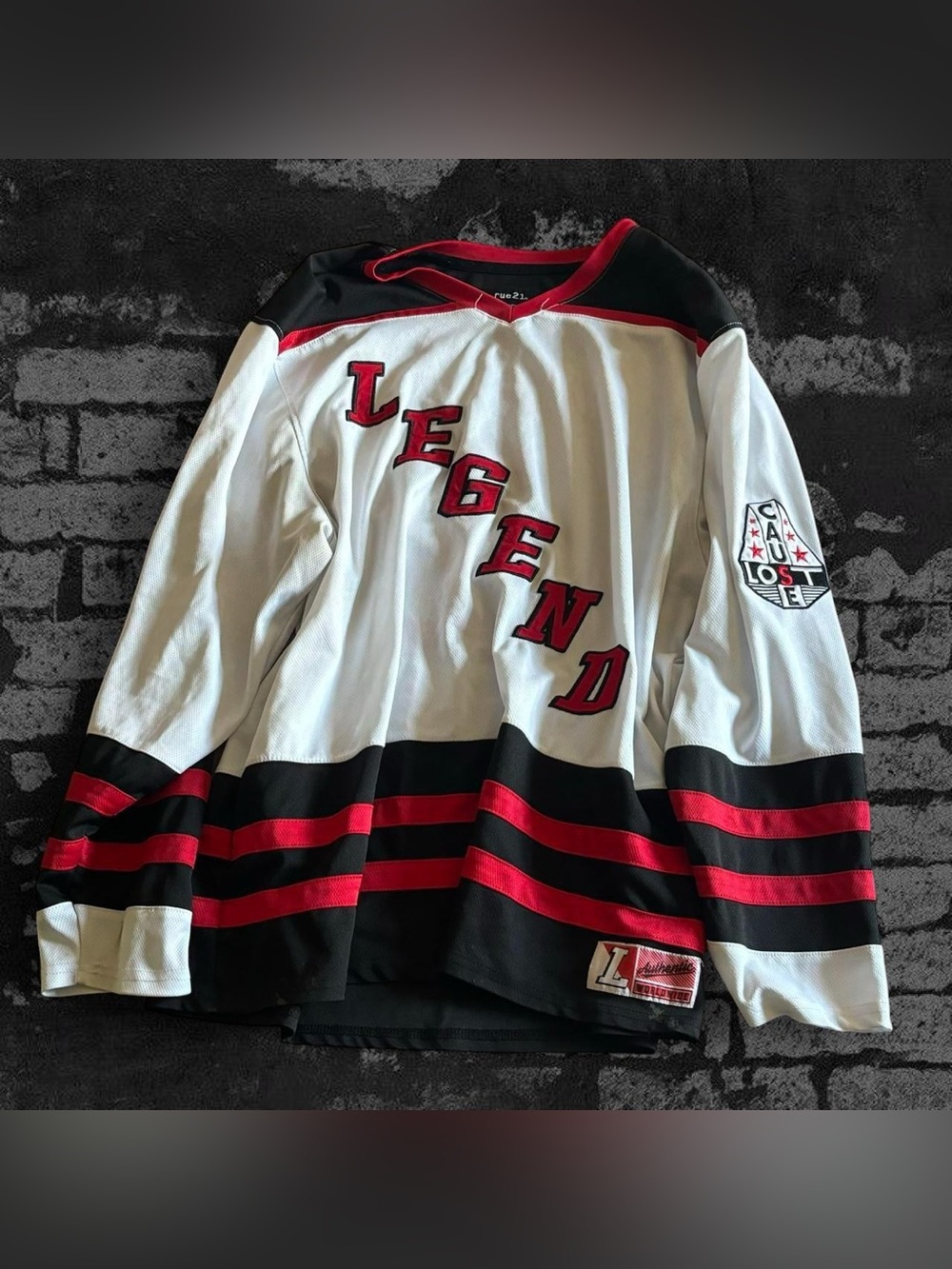 Rue21 White Hockey-Style Jersey with Red & Black Trim